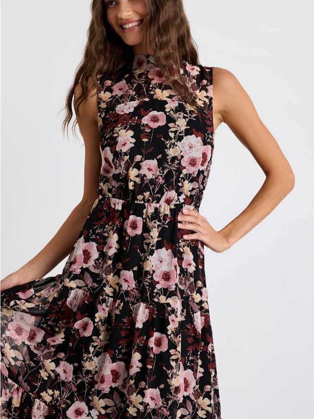 Lulus In My Dreams Black and Pink Floral Print Midi Dress Size XXS NWT